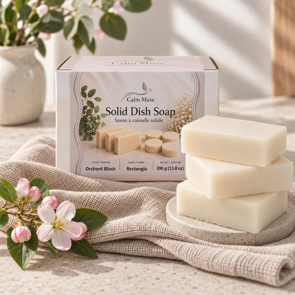 Three Calm Muse rectangle bars on a stone tray in front of the Orchard Blush box