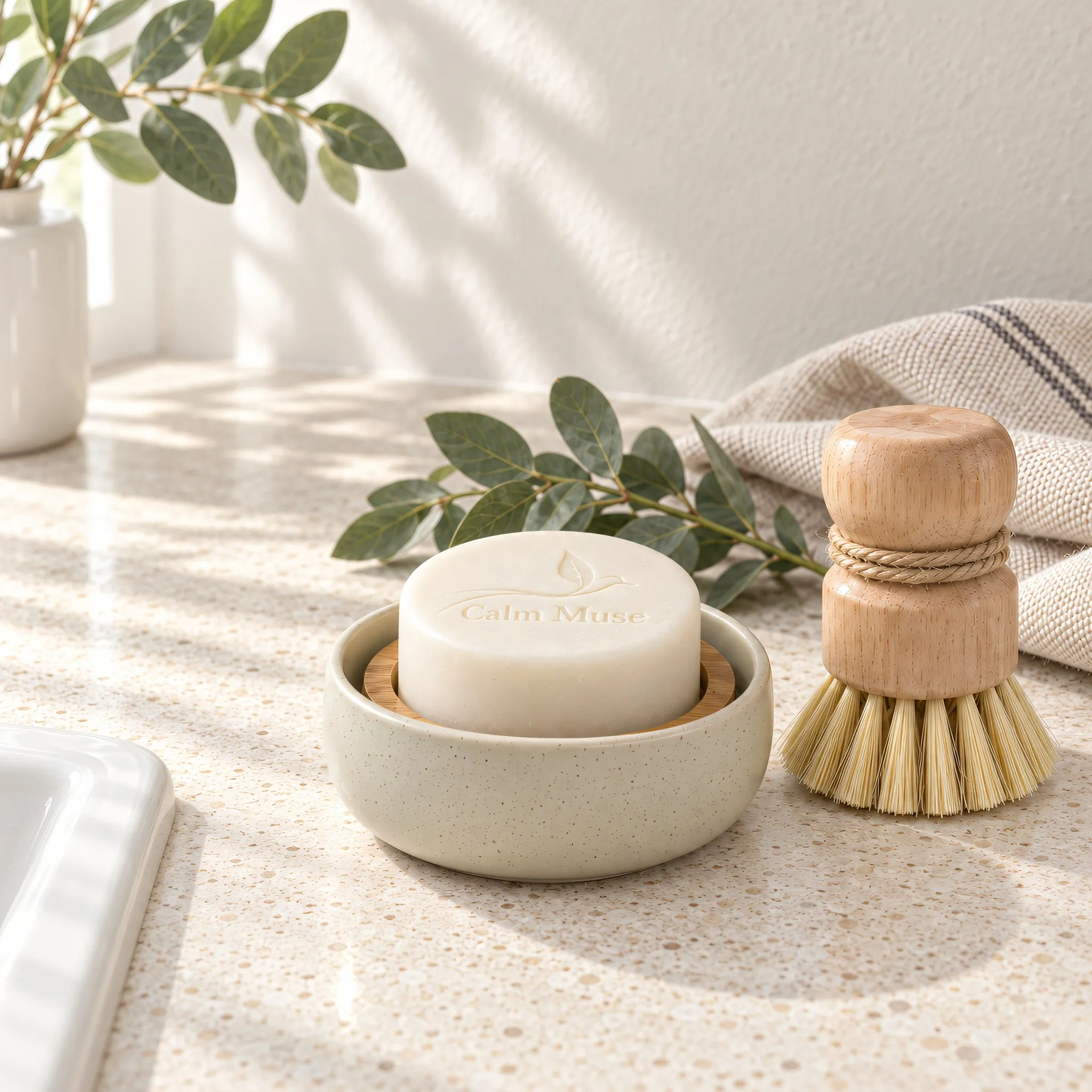 The Calm Muse Starter Set beside a kitchen sink: a soap puck on its bamboo insert in the ceramic dish, with the wooden dish brush
