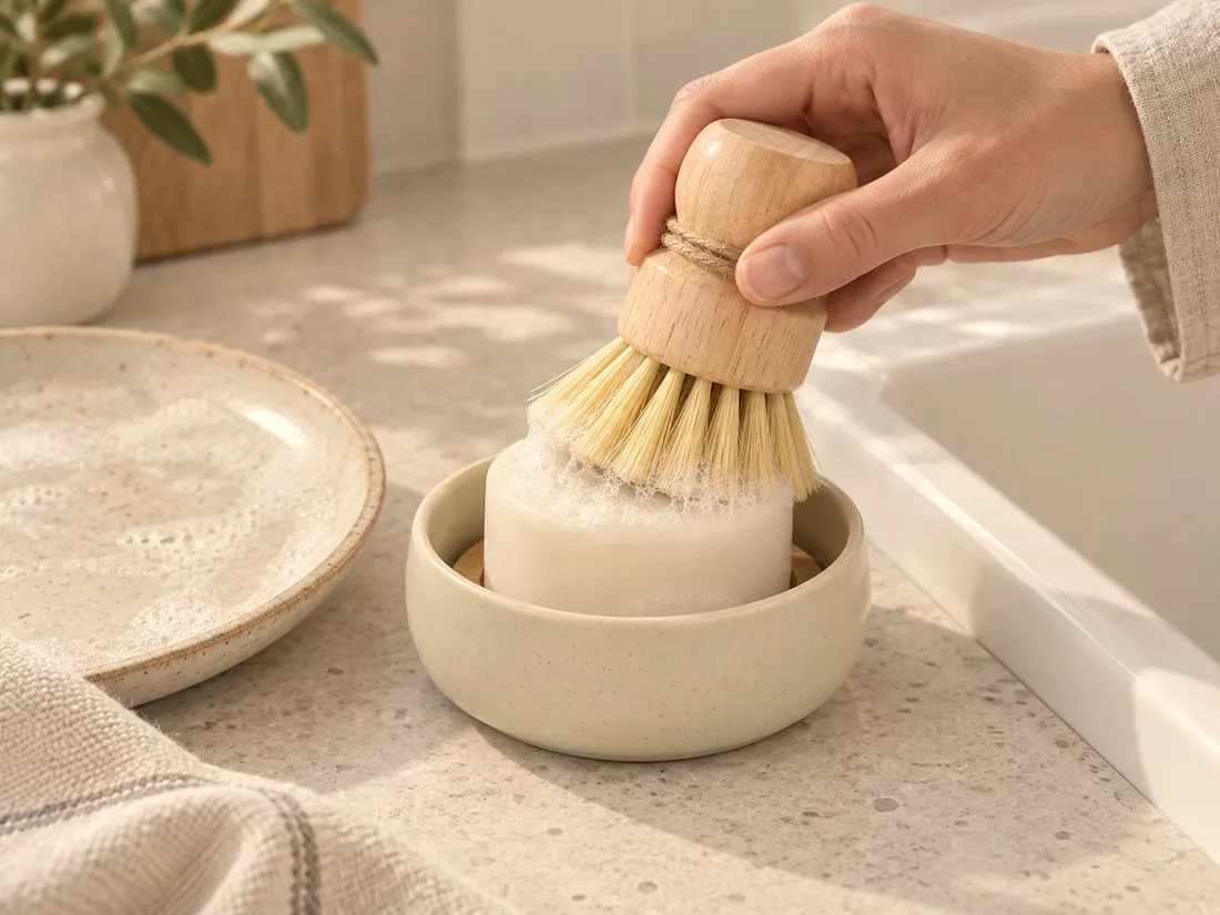 A hand swirling the wooden dish brush over a Calm Muse puck in its ceramic dish, with suds on the bristles