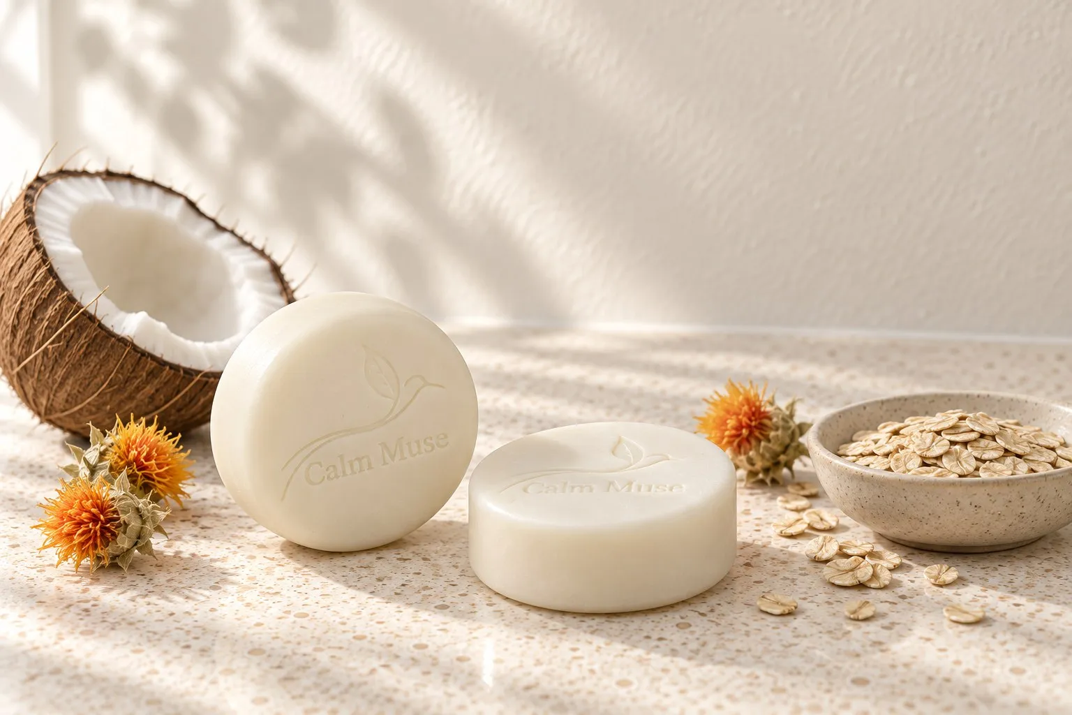 Two Calm Muse soap pucks on a stone counter beside half a coconut, dried safflower flowers and a bowl of rolled oats