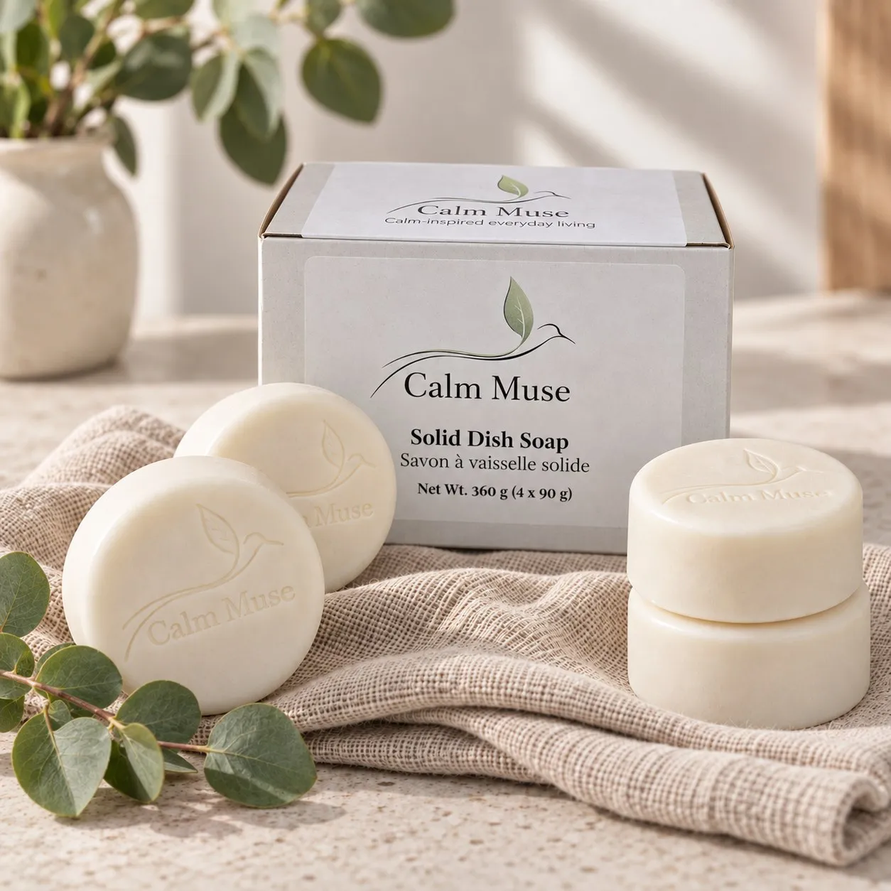 Four Calm Muse soap pucks on pale stone in front of their box, with eucalyptus