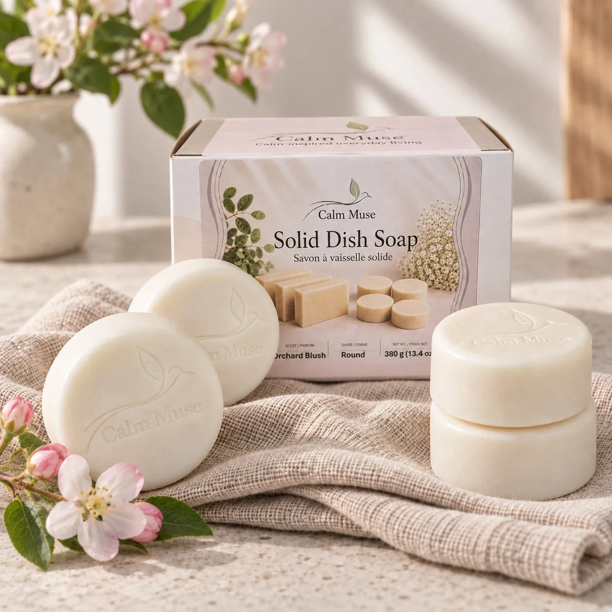 Four Calm Muse soap pucks on linen in front of the Orchard Blush box, with apple blossom