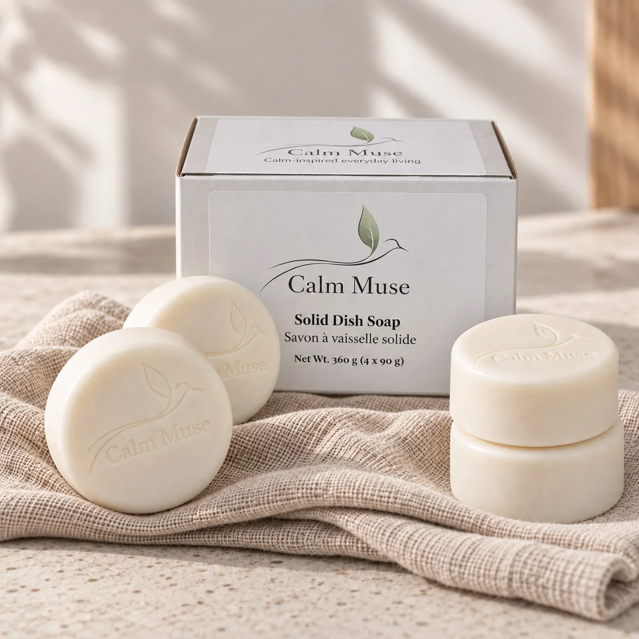 A stack of Calm Muse soap pucks on plain linen in front of their box